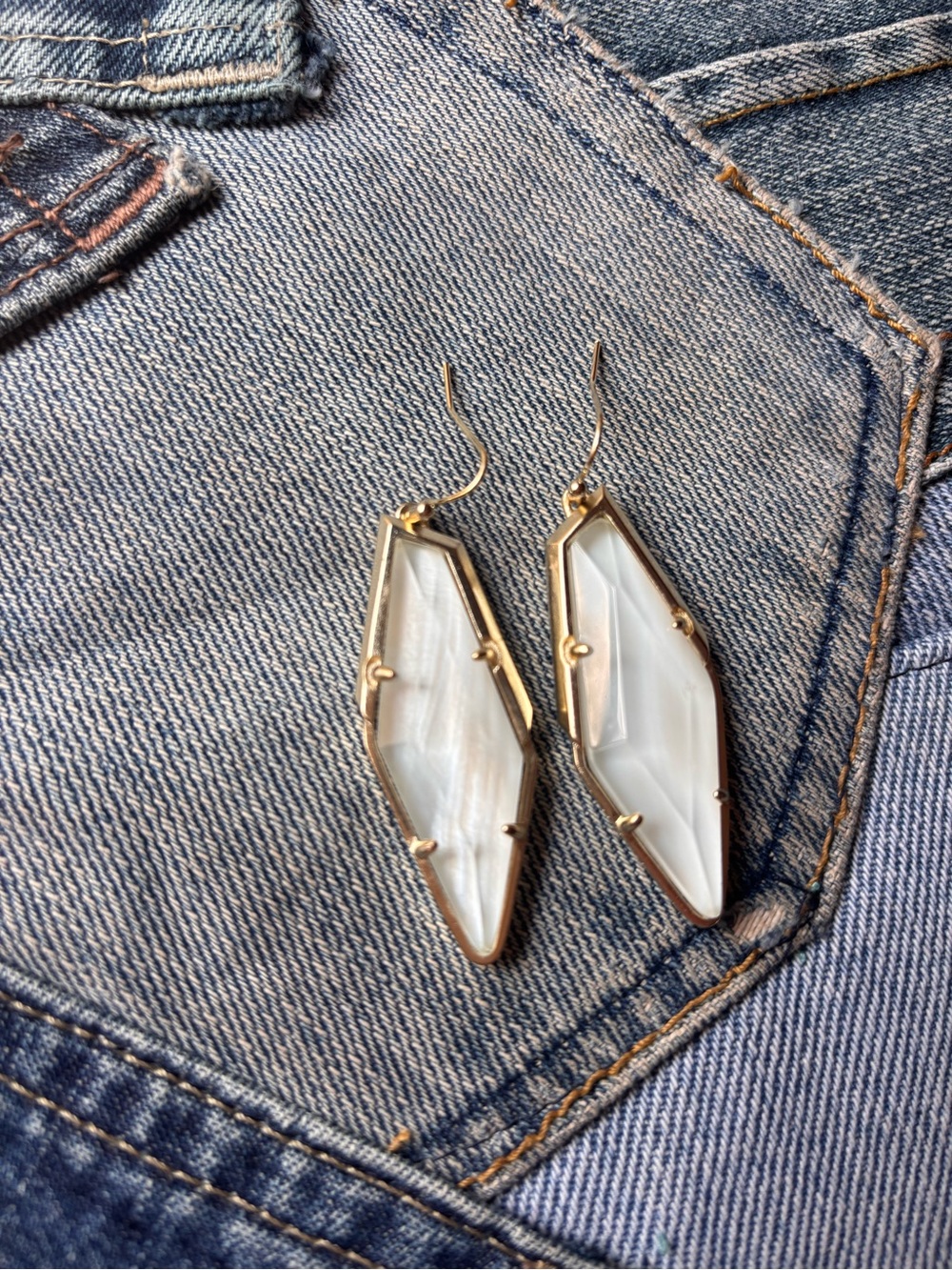 Kendra Scott White Marbled Stone Drop Earrings with Gold Frame